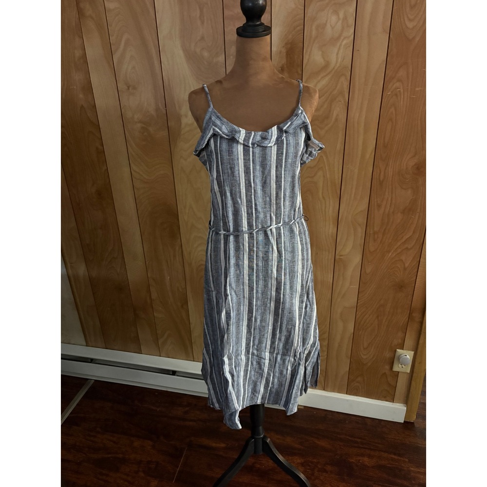 Charlie Paige Blue White Striped‎ Linen Blend Ruffle Midi Dress Small NWT